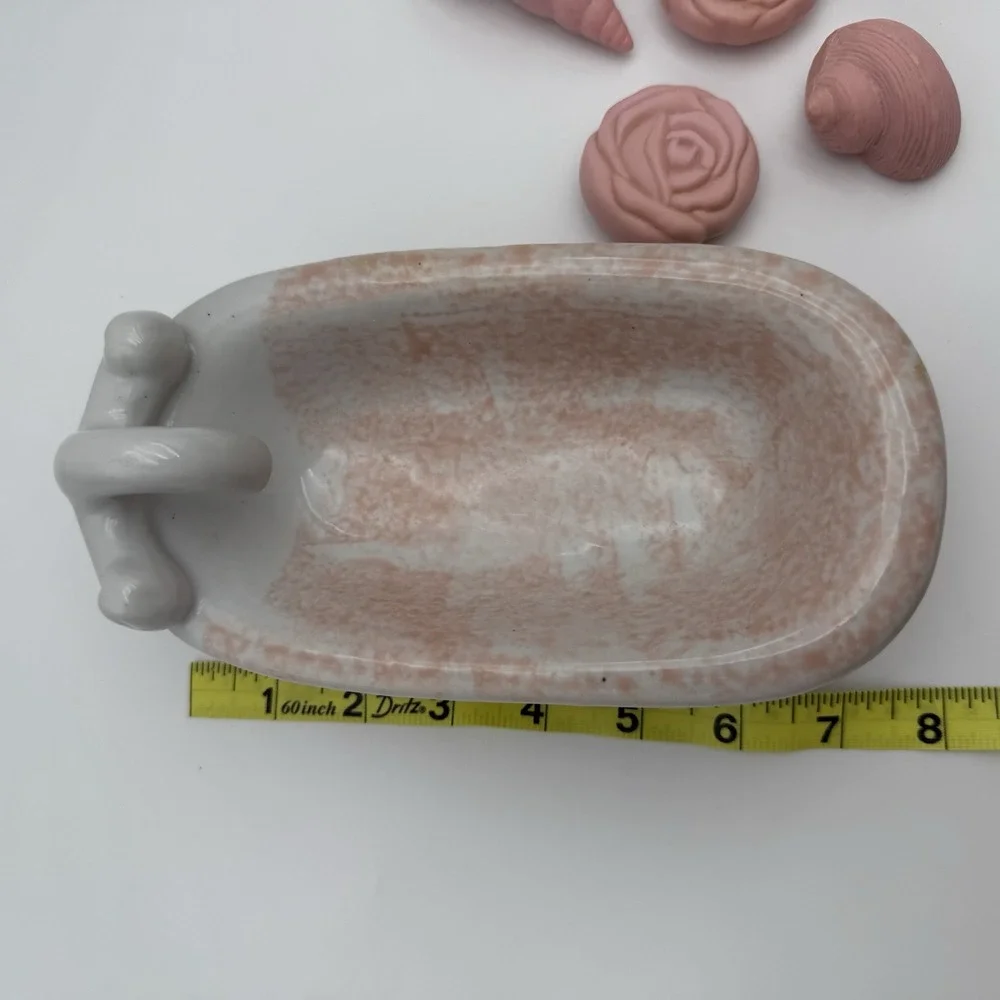 Vtg Ceramic Bathtub Pink Soap Sponge Dish Cottage Farmhouse Trinket & Shell Soap